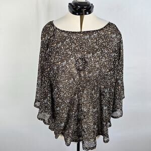 Christine V Blouse Women's 3X Brown Colorful Specs Bat Wing High Low Hem Sheer